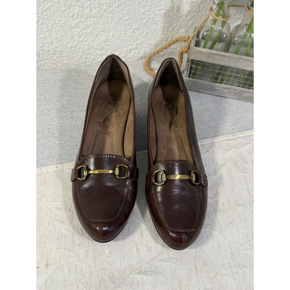 A2 by Aerosoles Womens Brown Wedge Loafer Horse Bit Buckle Size 8 Love Story